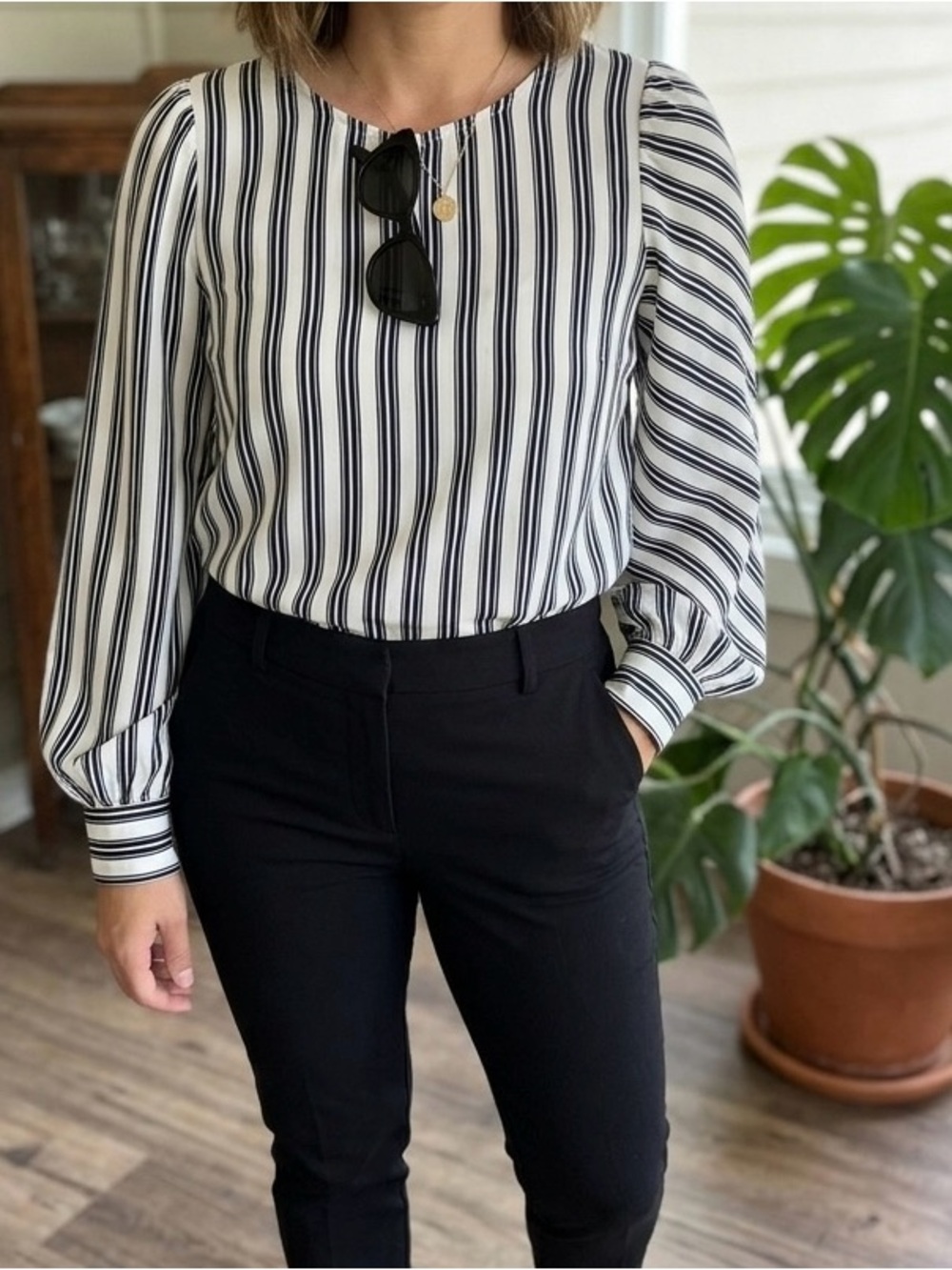 LOFT Black and White Stripedy Long-Sleeve Blouse with Shoulder Bow